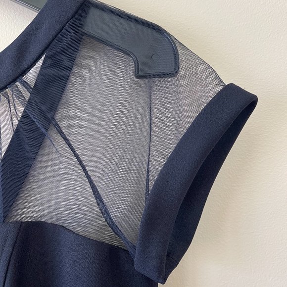 MAGGY LONDON Illusion Yoke Crepe Cocktail Dress in Navy 6 Petite - Picture 7 of 10